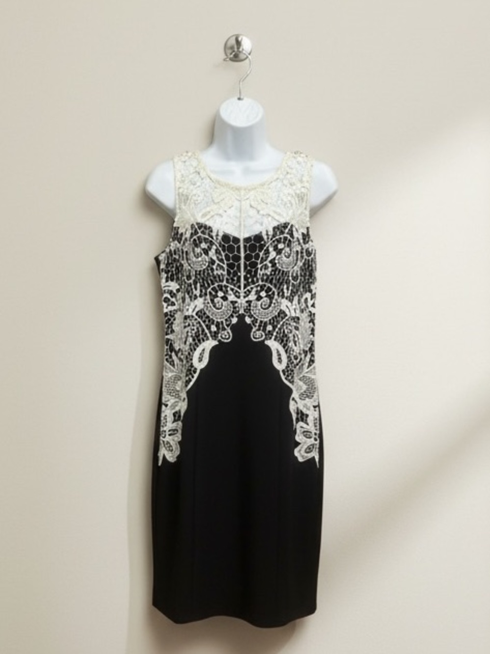 Frank Lyman Black Bodycon Dress with White Crochet Lace Overlay - Size L